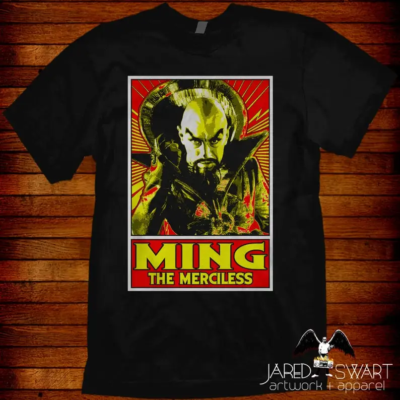 

Flash Gordon T-shirt Ming the Merciless pop art artwork by Jared Swart. Sizes S M L XL 2XL 3XL 4XL 5XL also in ladies fit S-2XL