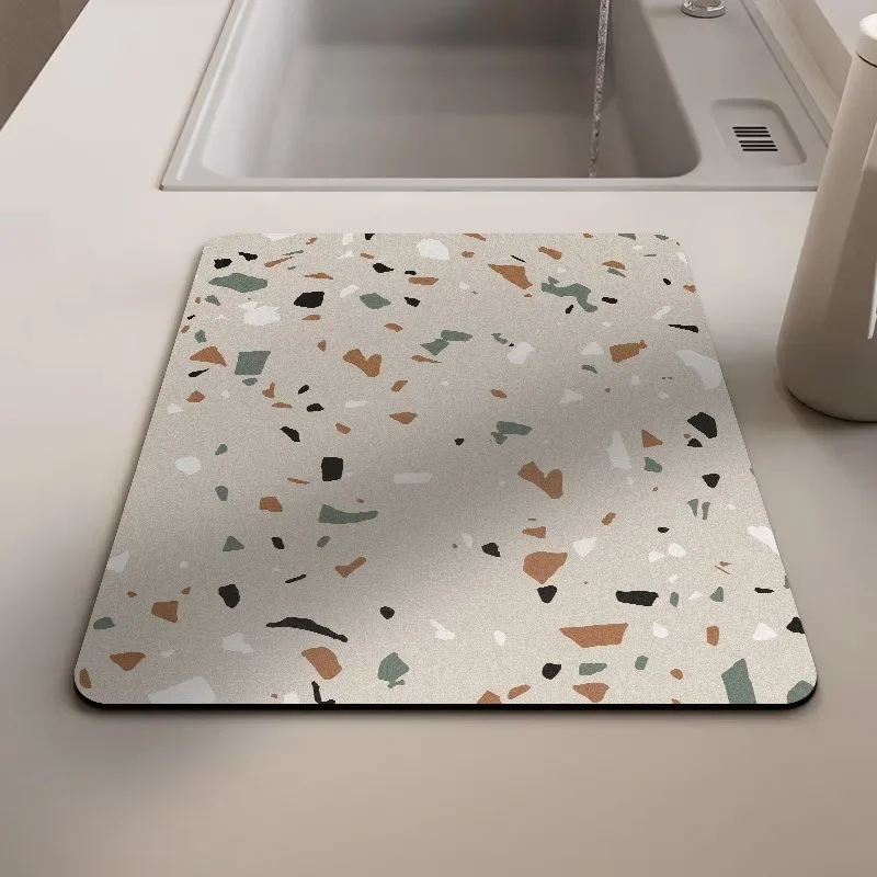 Diatomaceous Earth Kitchen Mat Terrazzo - Absorbent Quick Dry Heat Resistant Non-Slip Pad for Countertop Sink Multi-Use