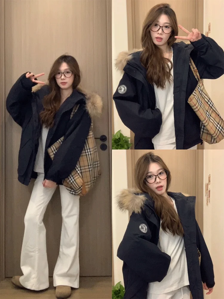 

Американский женский пуховик оверсайз с большим меховым воротником, длинный, теплый, на хлопковой подкладке, зимняя верхняя одежда