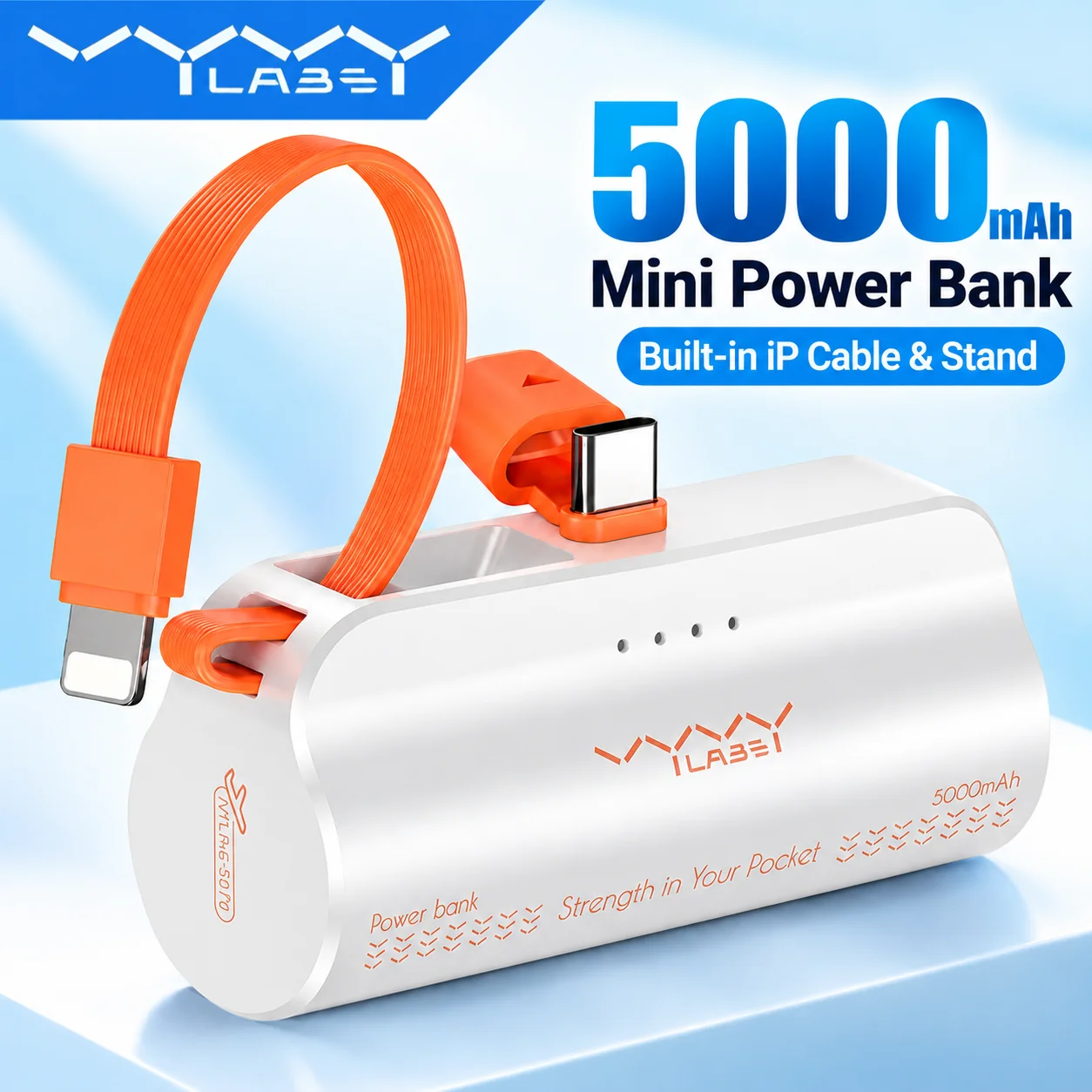 Vyvylabs Power Bank Tascabile Portatile da 5000mAh con Cavo Integrato e Supporto per Telefono, Piccola Batteria Esterna con Supporto per la Ricarica di Due Dispositivi, Caricatore di Emergenza per