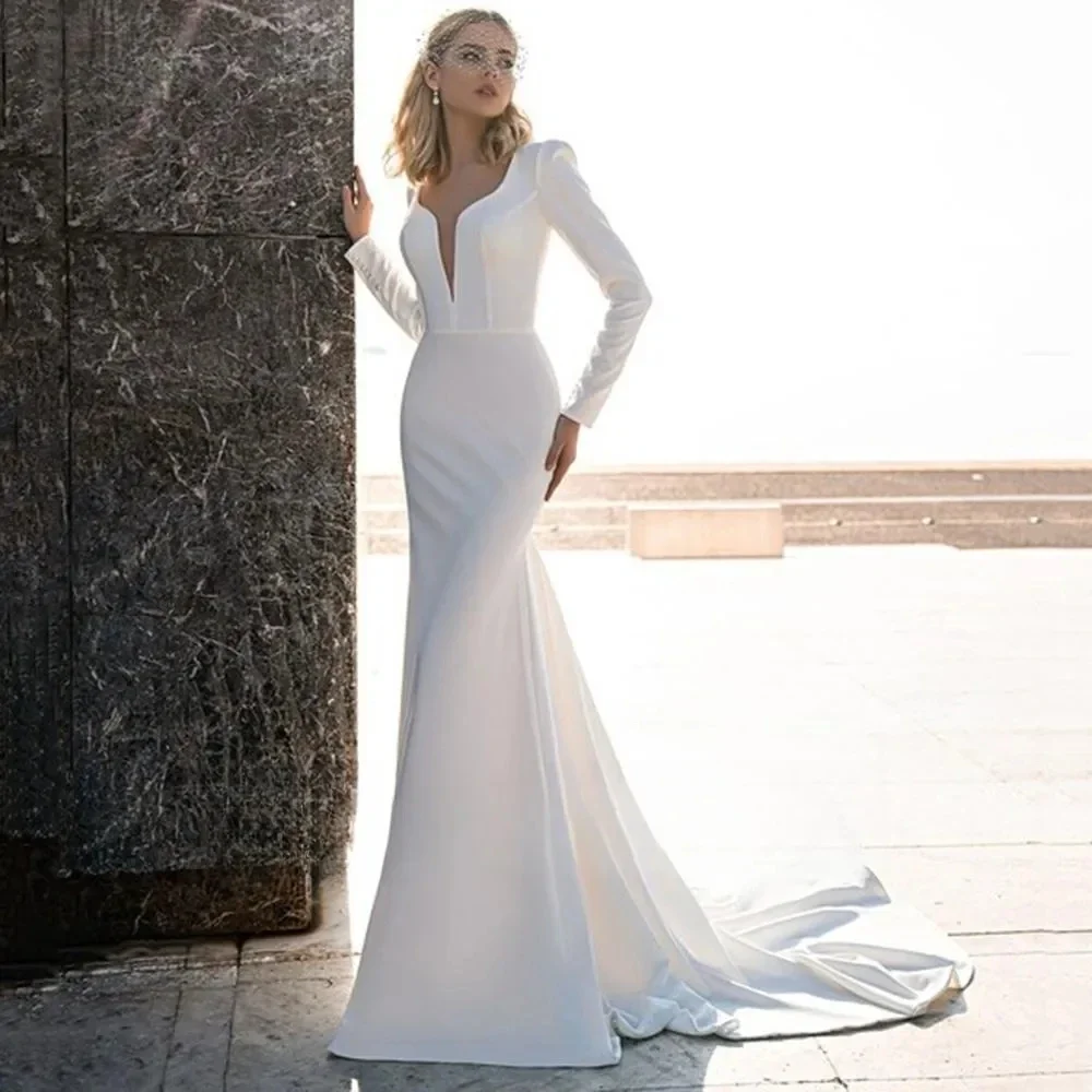 

Flavinke Gorgeous White Satin A-Line Wedding Dresses Deep V-neck Long Sleeves Backless Bridal Gowns Formal vestidos de fiesta