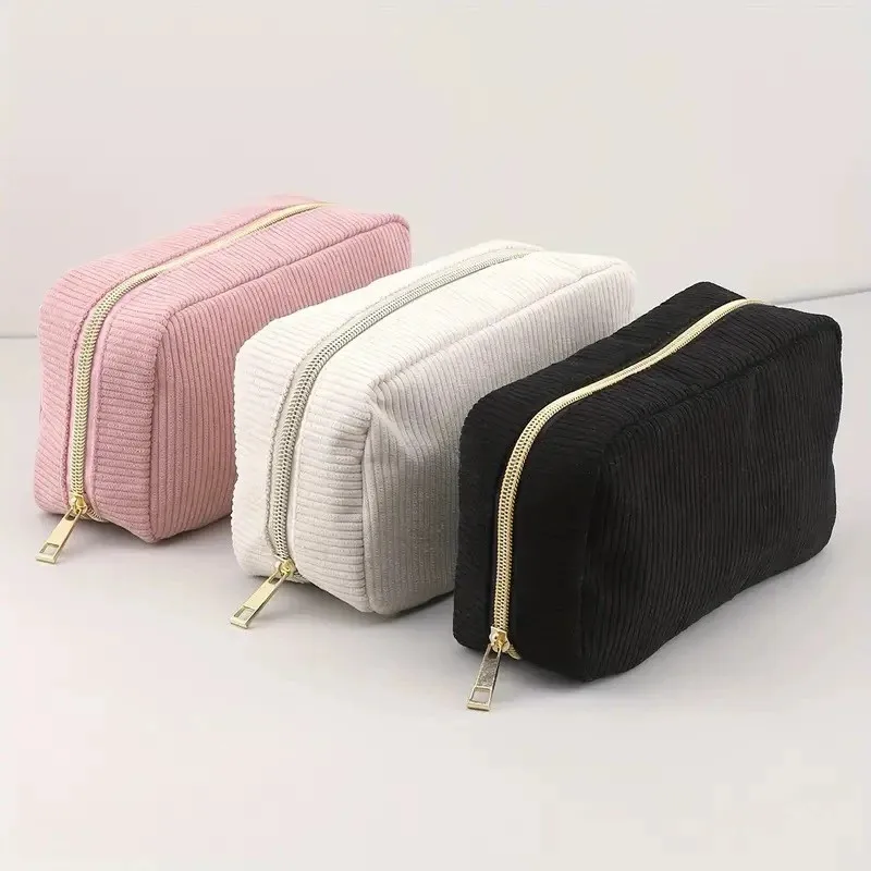 Bolsa de cosméticos a rayas de pana para mujer, bolsa de maquillaje de Color sólido, bolsa de almacenamiento de artículos de tocador portátil de viaje, bolso organizador Simple