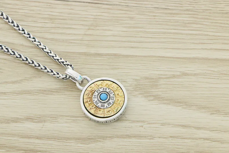 S925 Sterling Silver Heavy Industry Small Size Nine Palaces Bagua Rotating Pendant Silver Inlaid Copper Diamond Pestle Necklace