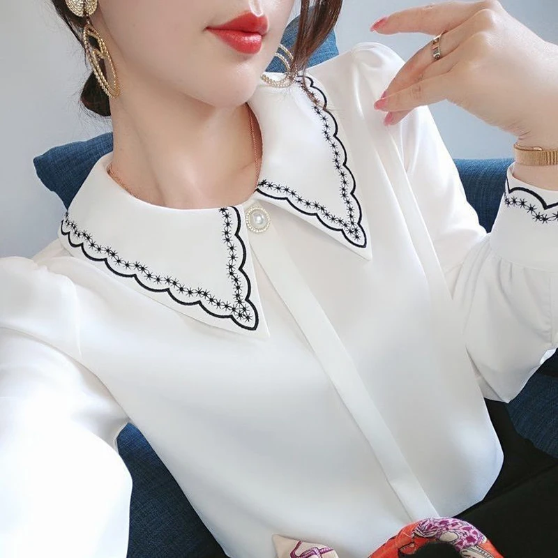 Women Embroidery Beaded Chic Luxury Design Shirts Spring Autumn Fashion Office Lady Blouse Solid Long Sleeve Tops Elegant Blusas