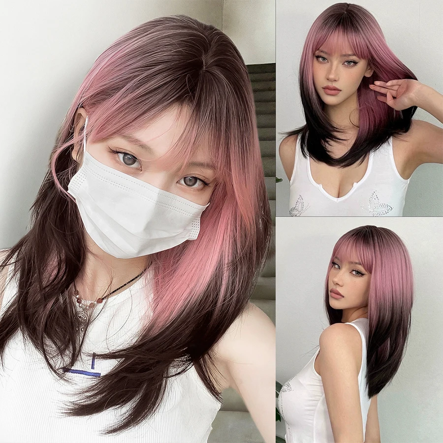 

Purple Pink Ombre Black Short Straight Synthetic Wigs with Bangs Bob Wig for Women Daily Cosplay Party Heat Resistant Fake Hairs