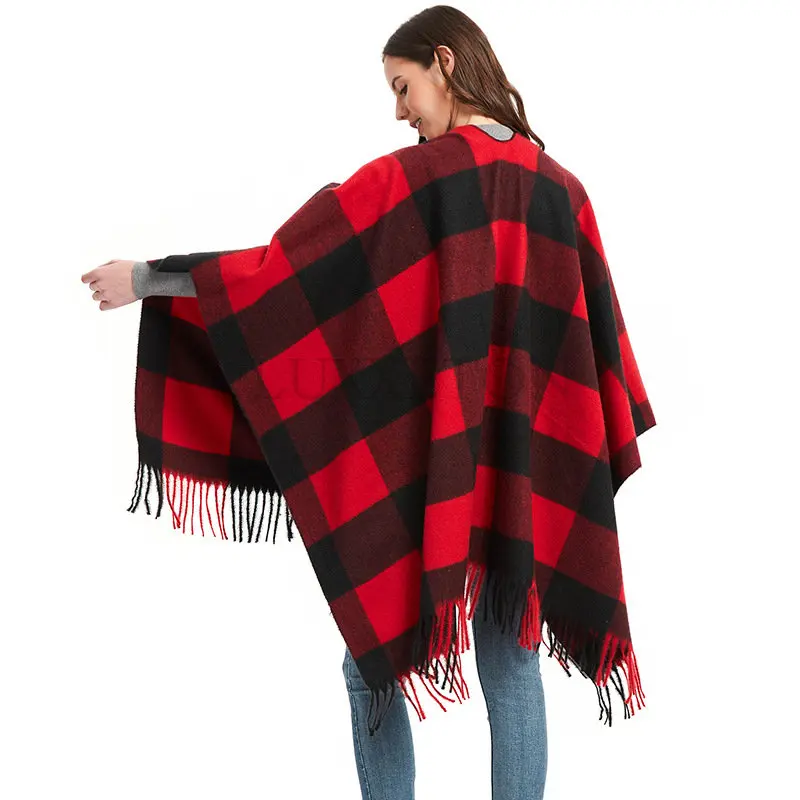 Women Faux Cashmere Air Conditioning Capes Female Long Thick Vintage Shawl Oversize Cardigan Plaid Winter Poncho Streetwear