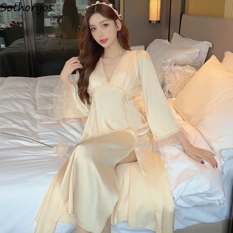 

Ночные рубашки с длинным рукавом, женские свободные элегантные домашние пижамы с боковым разрезом, шикарная универсальная мягкая одежда во французском стиле с кружевным дизайном для отдыха