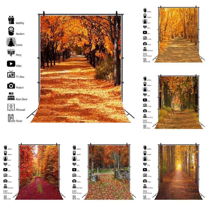 

Autumn Forest Backdrop Red Maple Trees Golden Fallen Leaves Road Photo Zone Nature Landscape Fall Scenery Photography Background