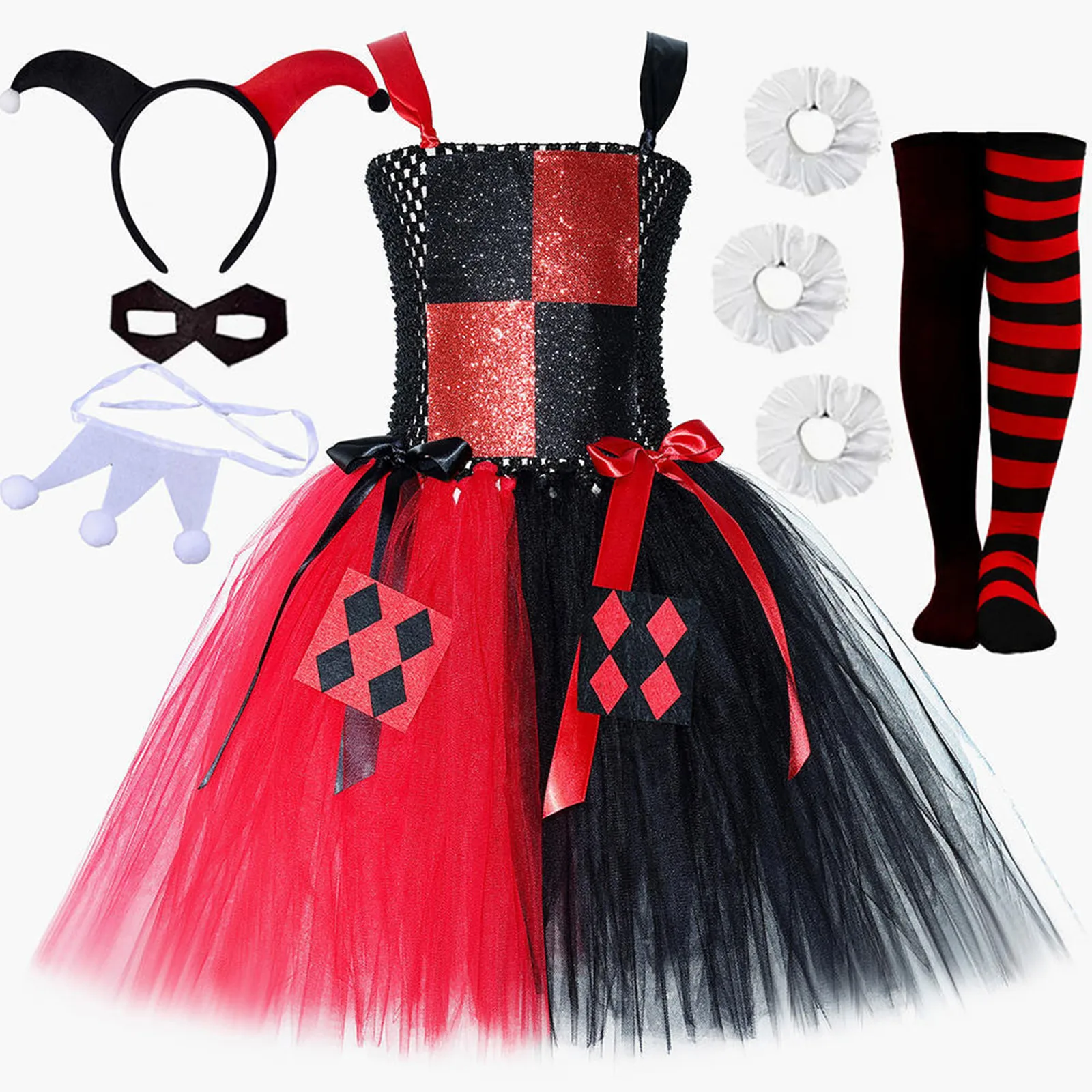 Meisjes Clown Halloween Cosplay Kostuum Verstelbare bandjes Rekbare gezwollen jurk met accessoires 6-delige set Verkleedfeestoutfit