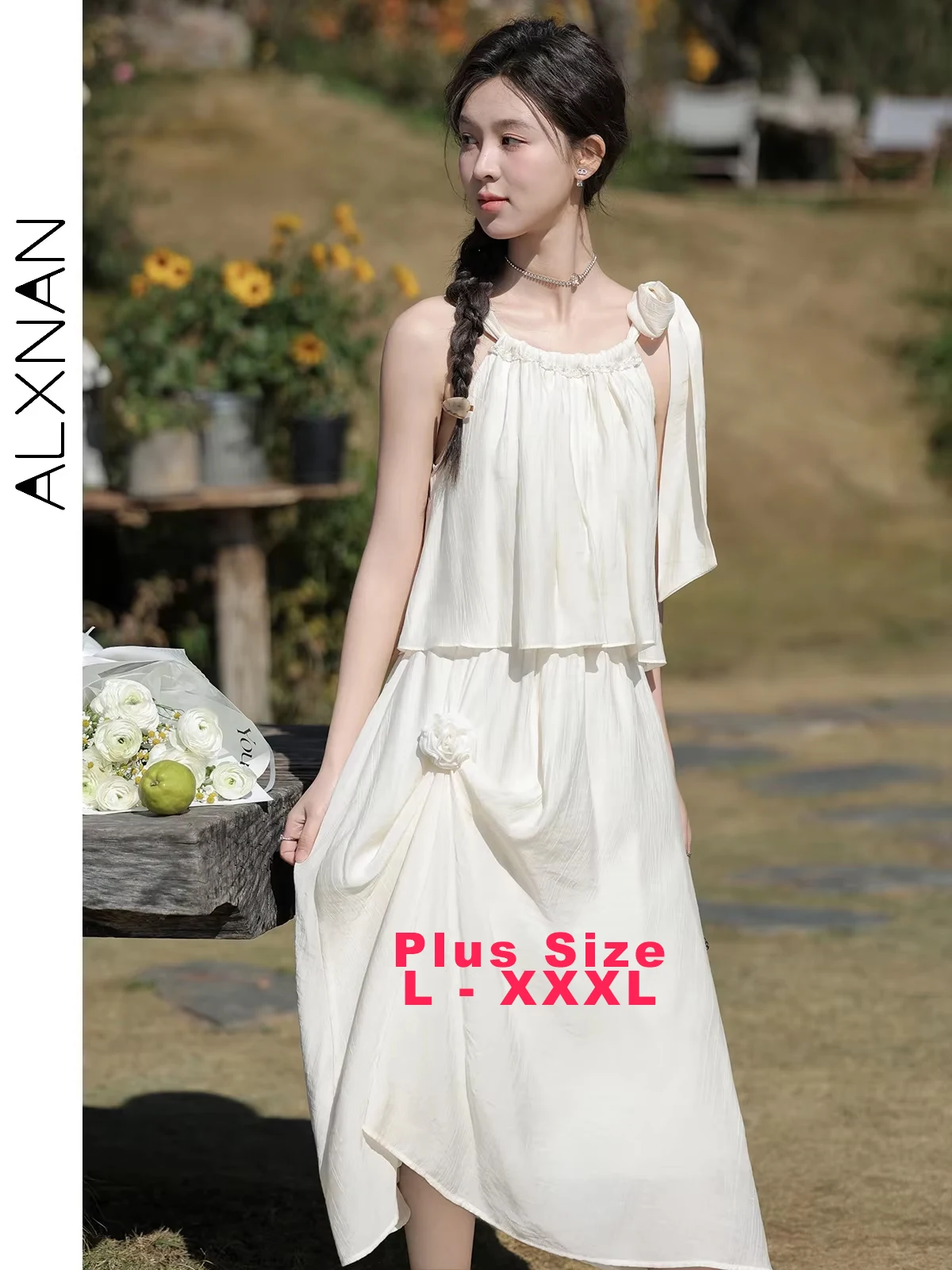 

ALXNAN Plus Size Sleeveless Dress Long Elegant Sweet Holiday Women's Dress 2025 Summer Party Beach A-line Ladies Clothing D01905