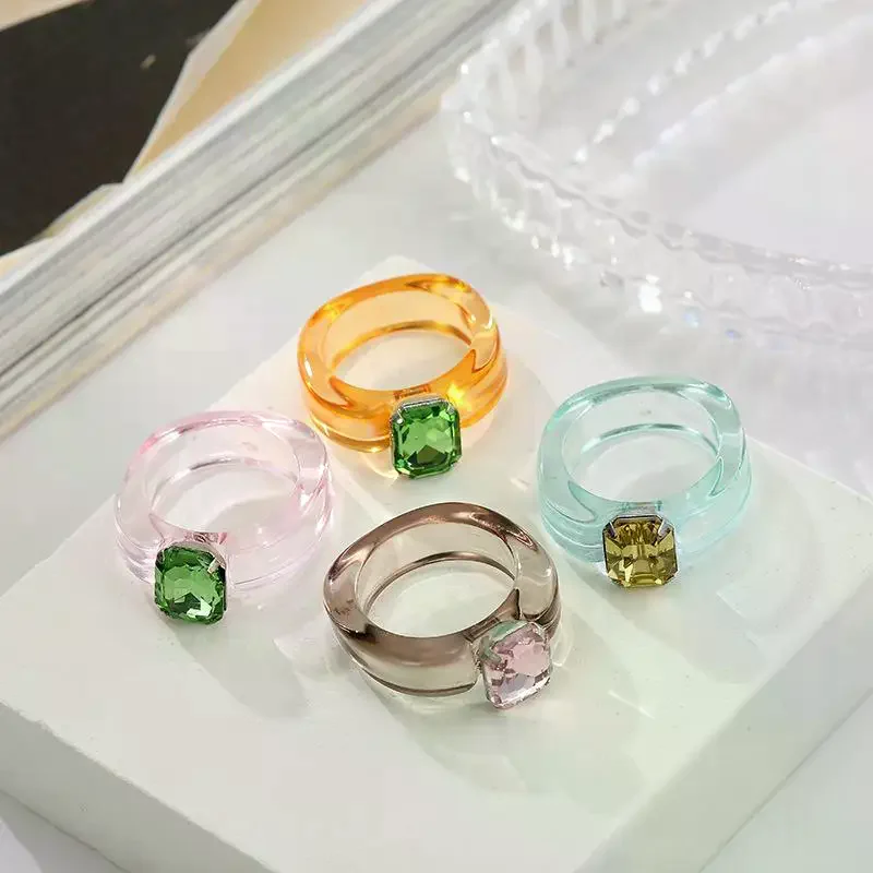 Transparent Resin Chunky Candy Color Rings Shiny Square Rhinestone Inlay Non-toxic Material Jewelry for Kids Girls Daily Wear