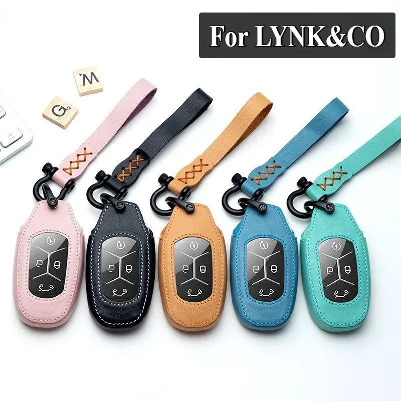 Anti Fall Durable Leather Remote Car Key Case Cover Shell For LYNK & CO 01 02 03 Protective Bag Keychain Auto Accessories