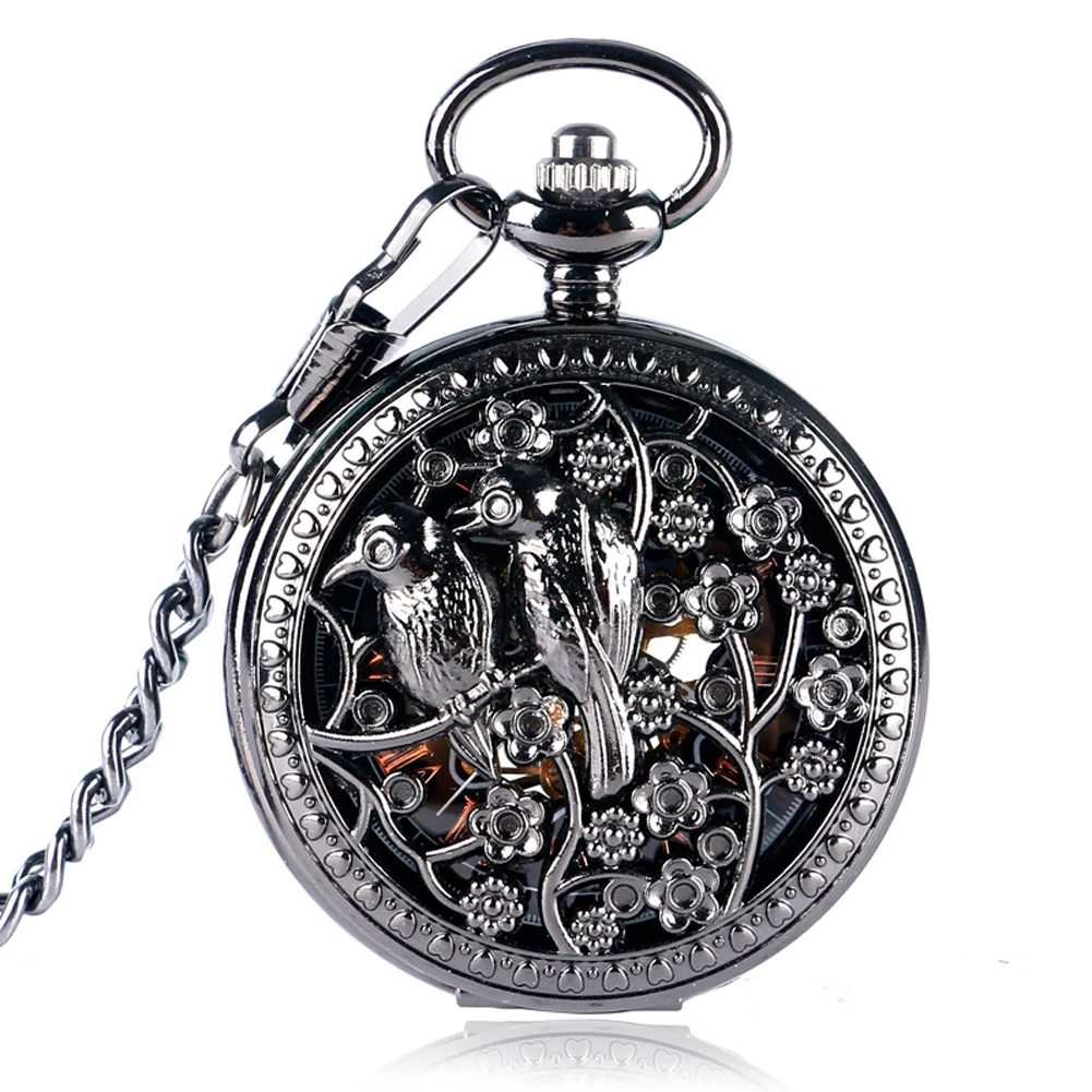 

Hollow Out Couple Birds Peach Blossom Tree Mechanical Pocket Watch Men Gift Roman Numerals Dial Retro Black Pocket Chain Clock