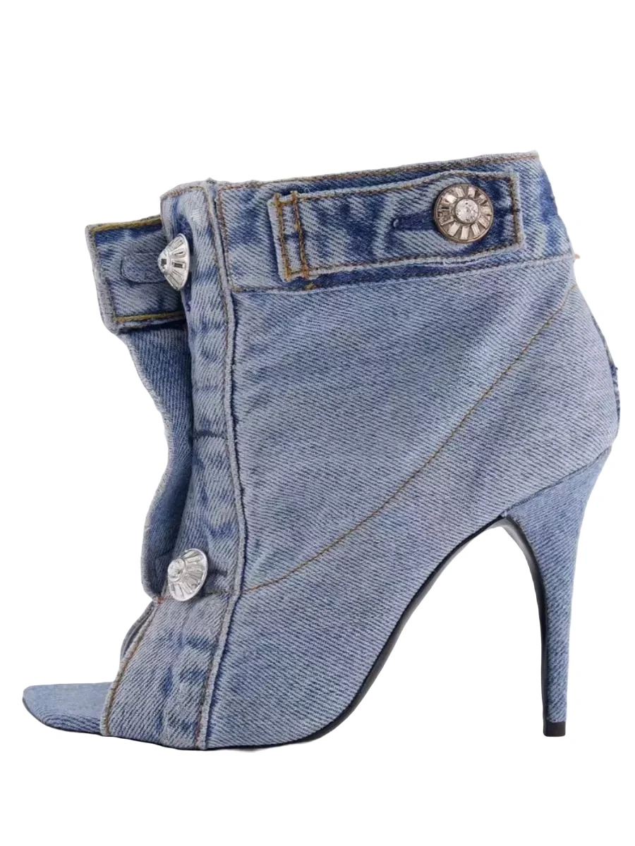 2024 New Denim Square Toe Rivets Open Toe High Heels Fashion Shoes Casual and Versatile Women\'s Shoes