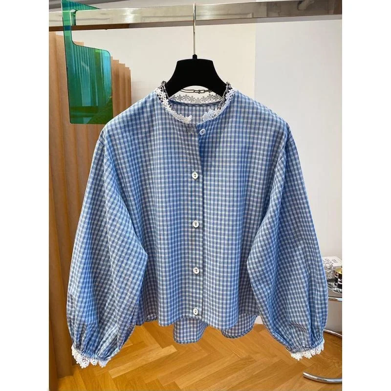 

Blue Plaid Loose Fashionable Lantern Sleeve Shirt Women's Spring Autumn New Style Small Style Straight Cut Polyester Fiber