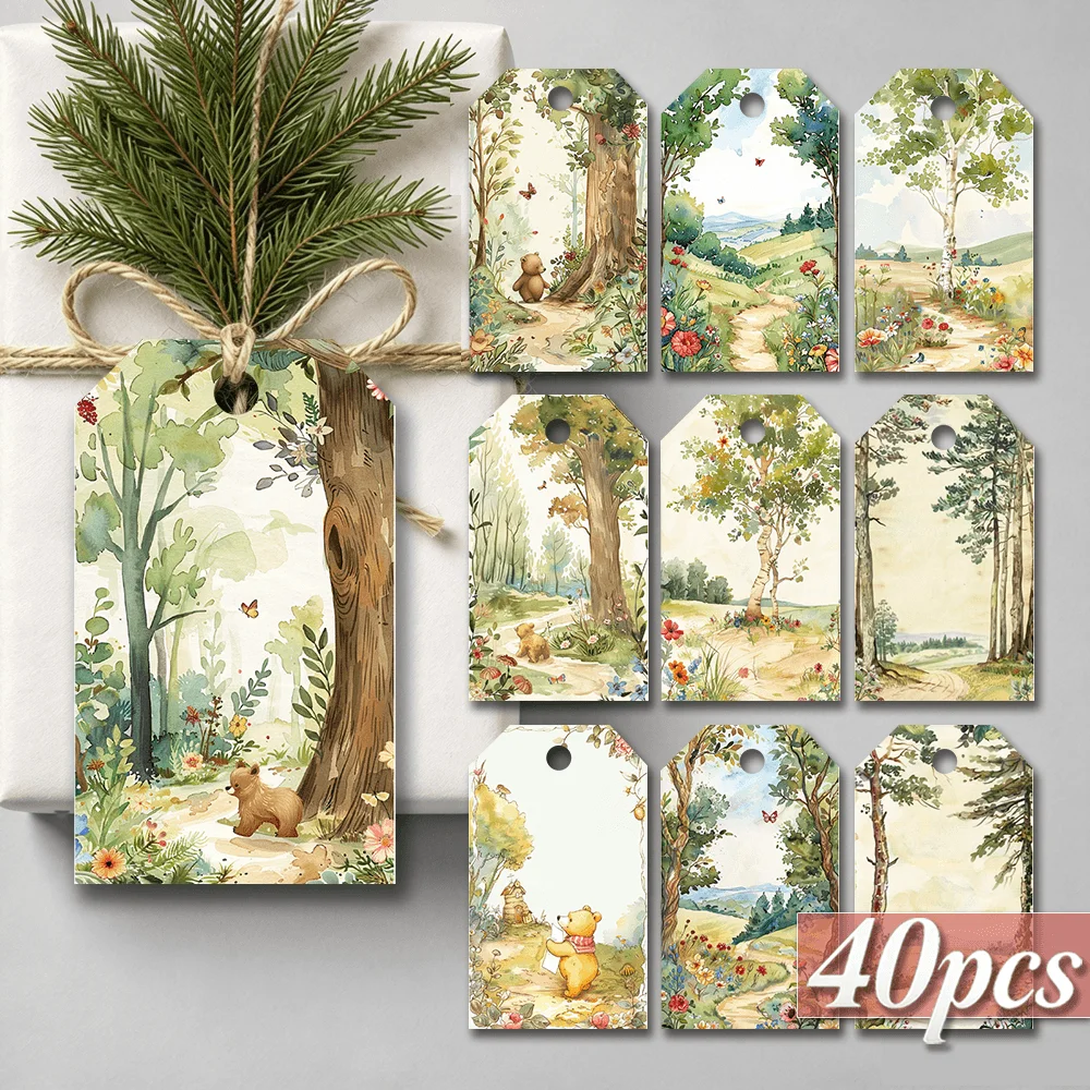 40pcs, Gift Tags, Fairy Forest Cottage Bear Art, Hanging Paper Labels for Gift Wrapping, Holiday Party Decor with String