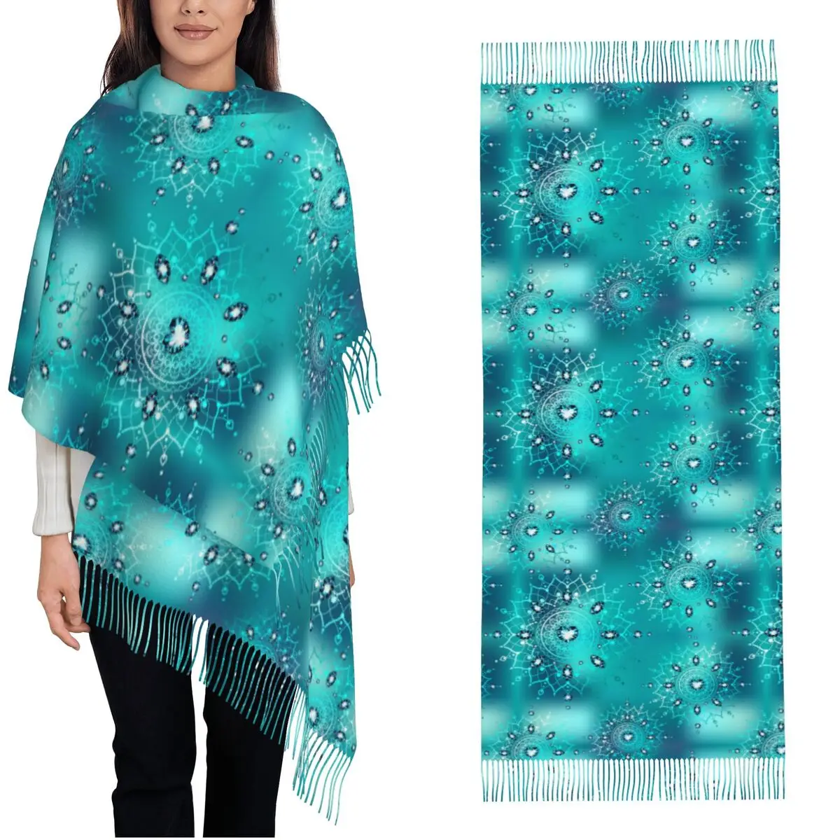 Boho Turquoise Mandalas Scarf for Womens Fall Winter Cashmere Shawl Wrap Green Teal Mandala Art Large Shawl Scarf Lightweight