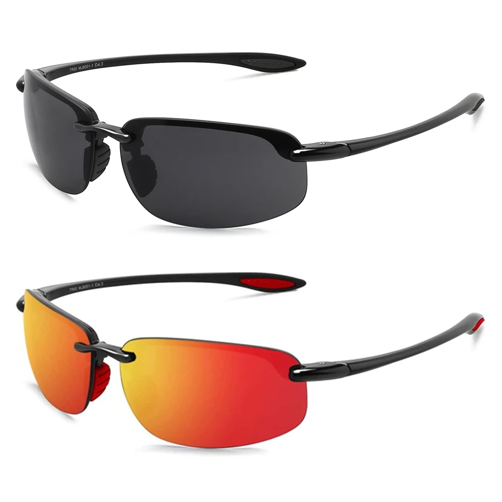 2 Pack Gepolariseerde Sportzonnebril voor Mannen Vrouwen TR90 Lichtgewicht Randloos Frame UV400 Hardlopen Vissen Rijden 801