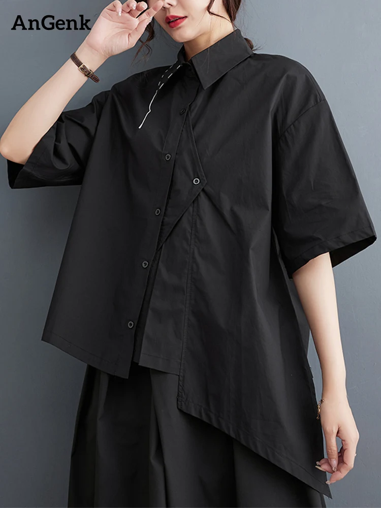 

Irregular Cotton Black Vintage Oversized Shirt Women New Lapel Short Sleeve Loose Casual Blouse Top Fashion Clothes Summer 2023