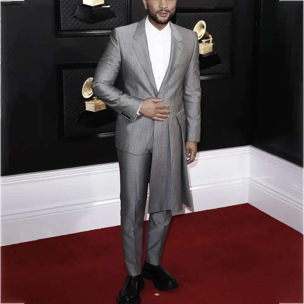 

Gray Men Suits Classic Fit Single Breasted Blazer Asymmetrical Pleat Long Jacket Pants Formal Party Wedding Suit 2 Piece