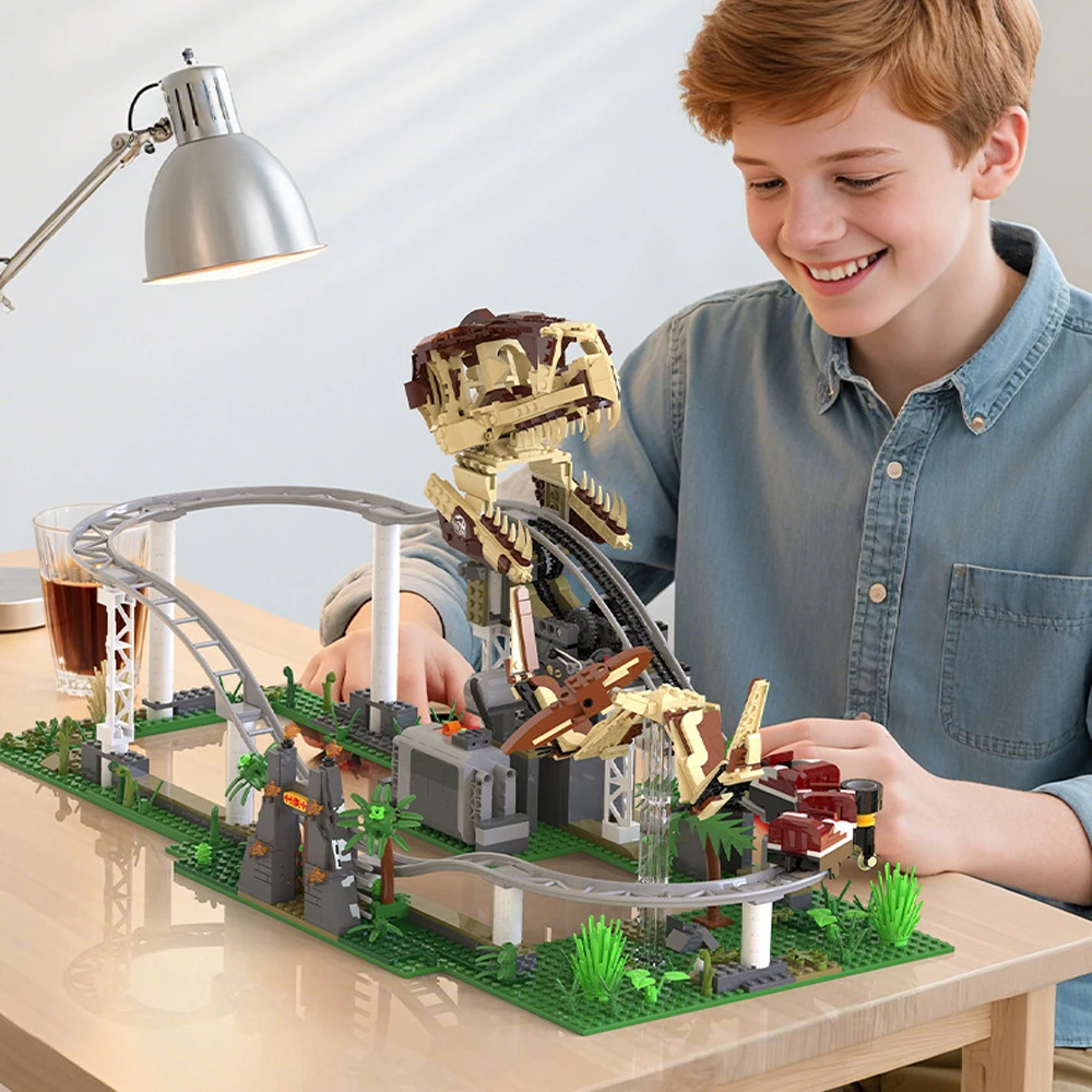 ตัวต่อรถไฟเหาะไดโนเสาร์ไฟฟ้า MOC รุ่นใหม่ 66134 จำนวน 1291 ชิ้น ของเล่นประกอบแบบจำลองสำหรับเด็ก ของขวัญวันเกิด