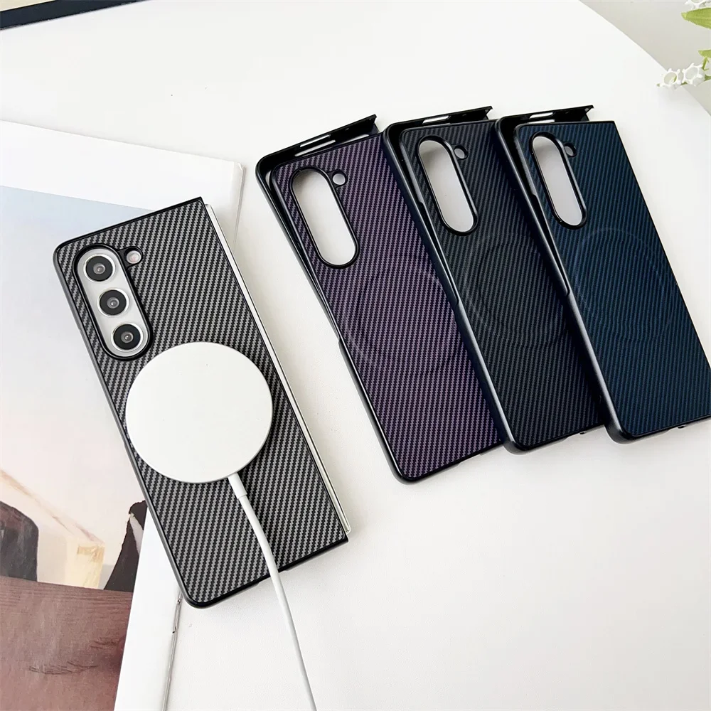 Luxury Business Sle Carbon Fiber Leather Phone Case for Samsung Galaxy Z Fold 7 6 5 4 3 Magsafe Magnetic Wireless Charging Cover