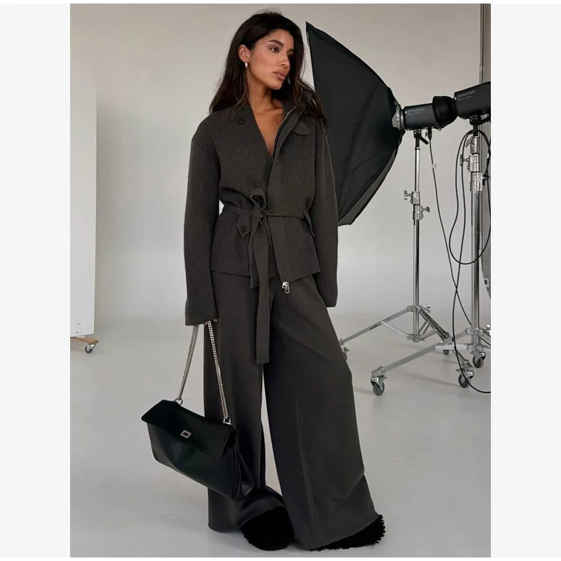 High Neck Belted Rib Knit Two Piece Outfit Women Long Sleeve Cardigan Wide Leg Pants Soft Warm New Casual Daily Streetwear Suit