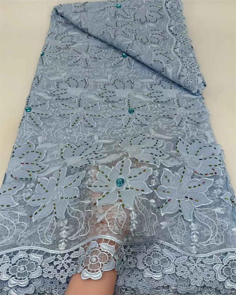 

High Quality Beaded African Lace Fabric 2026 Nigerian Guipure Cord Embroidery Net Swiss Voile Lace for Wedding Dress