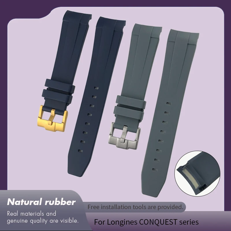 21mm Natural Rubber Watch Strap Silicone Watchband for Longines L3 Hydroconquest 642 781 782 785 841 Black Blue Grey Green