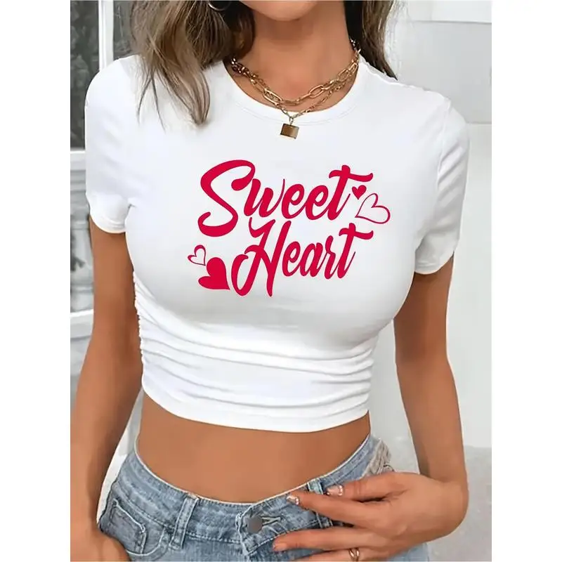 Women's short-sleeved round-neck cropped top Suitable for date nights and everyday wear
