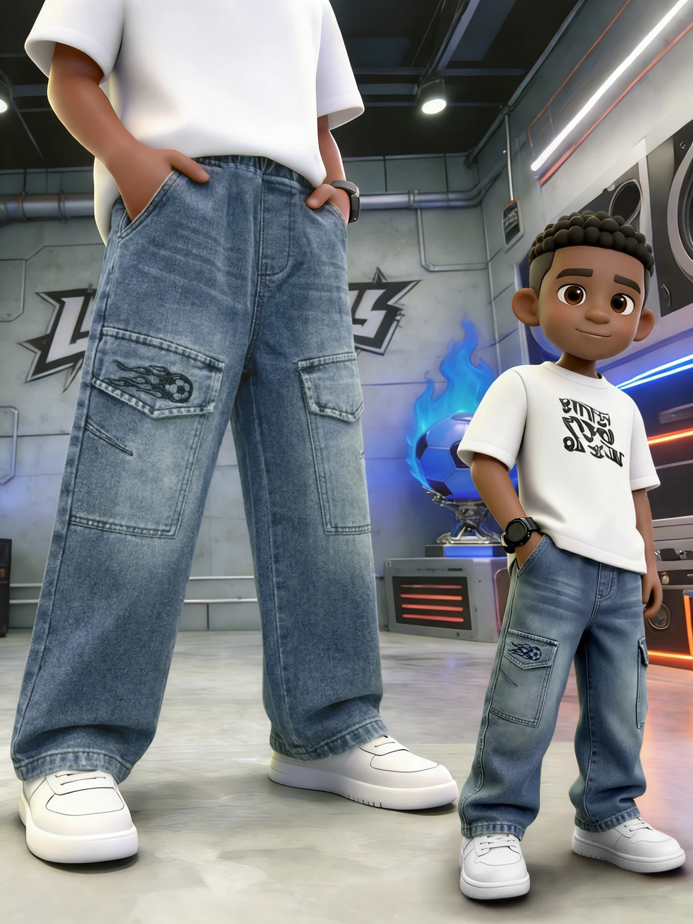 Original Design Boys' Jeans, Trendy Pants with Cargo Pockets, Football Flame Elements Embroidery, Children's Clothing Long Pants, Fashionable and Versatile Style, Perfect for Daily and Outdoor Wear, Specially Designed for Little Soccer Fans