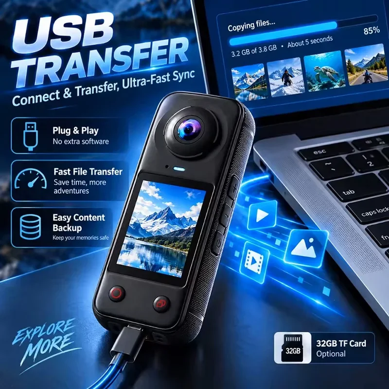 4K+4K Action Camera With 32GB 200° Wide-angle 4K 60FPS Thumb Sports Camera with Dual Lens front and rear lenses Mini Bodycam
