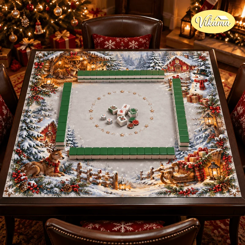VIKAMA Christmas Mahjong Table Cover Pug Dog Snowman Cabin Gift Print Square Game Table Mat Holiday Party Cozy Aesthetic