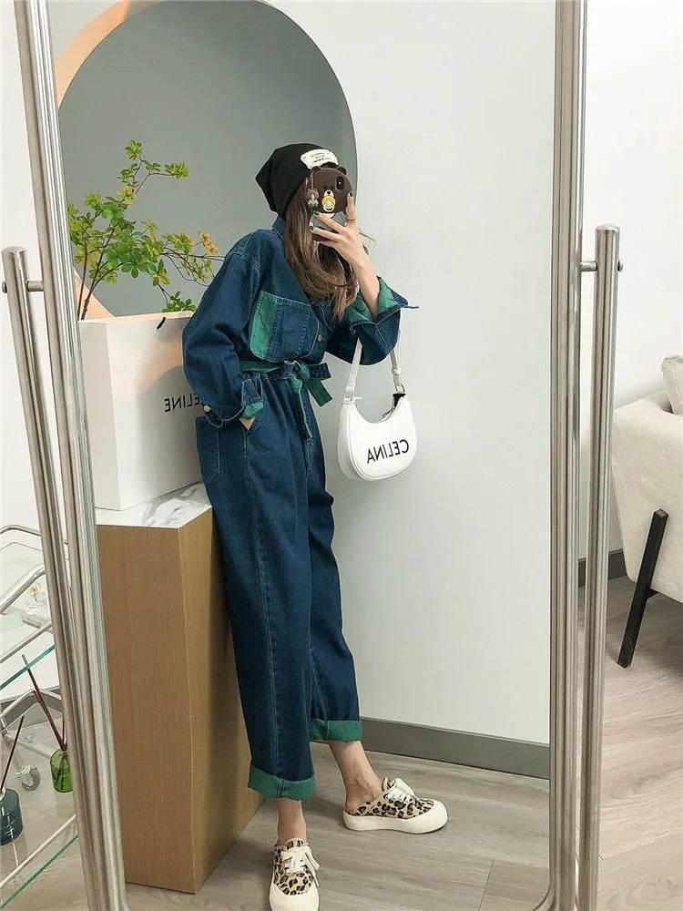 

Straight Pants Denim Spring Autumn Loose Suit High Waisted Workwear Jumpsuit Women Full Length For Women Long Jumpsuits