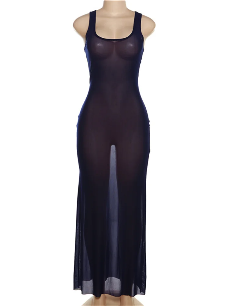 Whatiwear Mesh See Through Dress Women Square Collar Sleeveless Summer Vacation Trend Beach Party Style Stretch Long Bodycon
