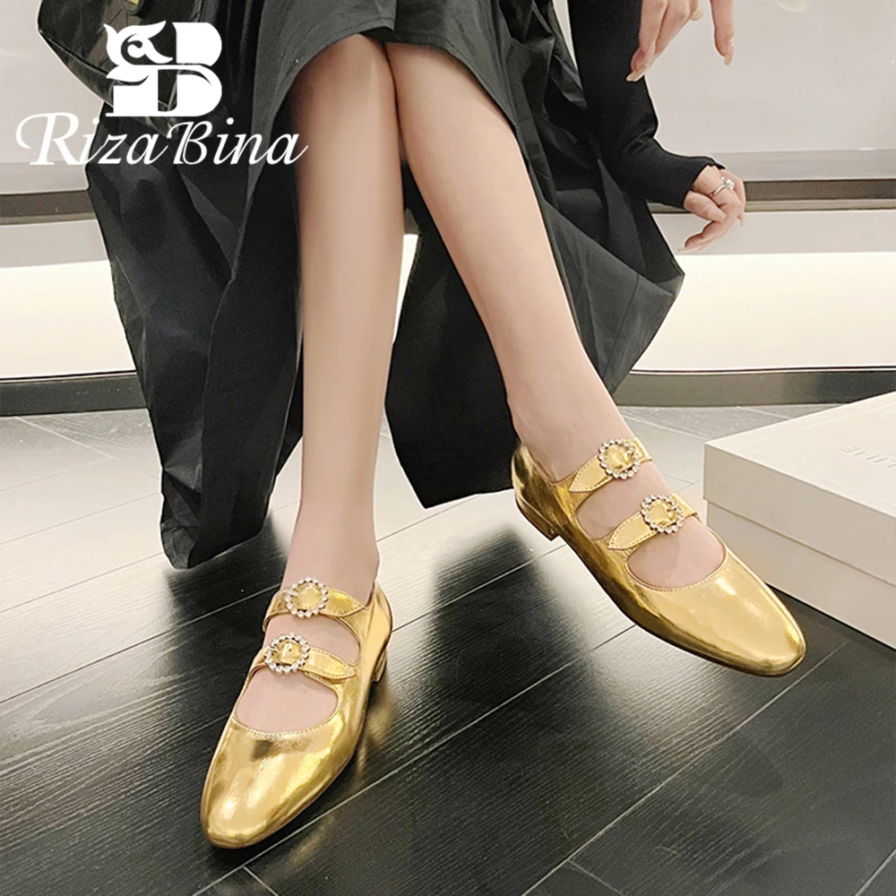 

RIZABINA Women Mary Janes Shoes Sheepskin Leather Double Pearl Buckles Low Heel Pumps Lady Solid Color Female Party Dress Shoes