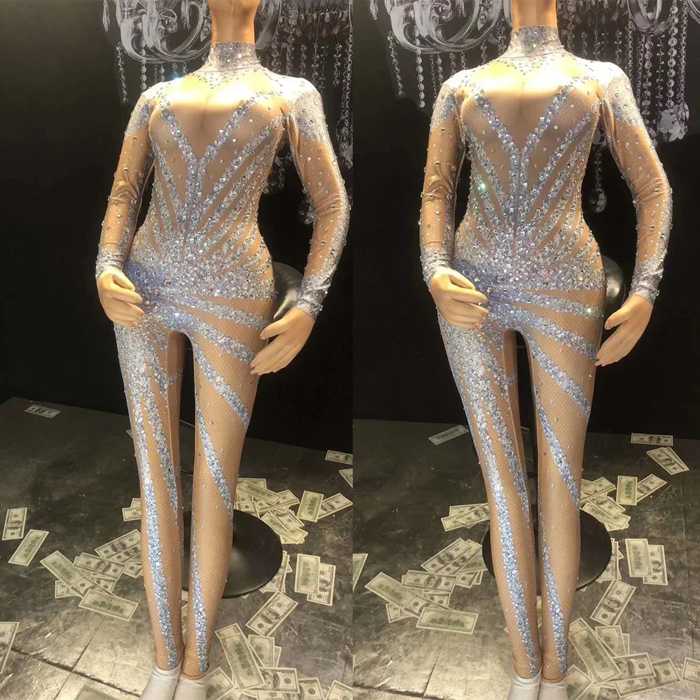 Mangas compridas brilhantes strass lantejoulas macacões para mulheres boate dj roupas sexy pólo dança cantor trajes de palco