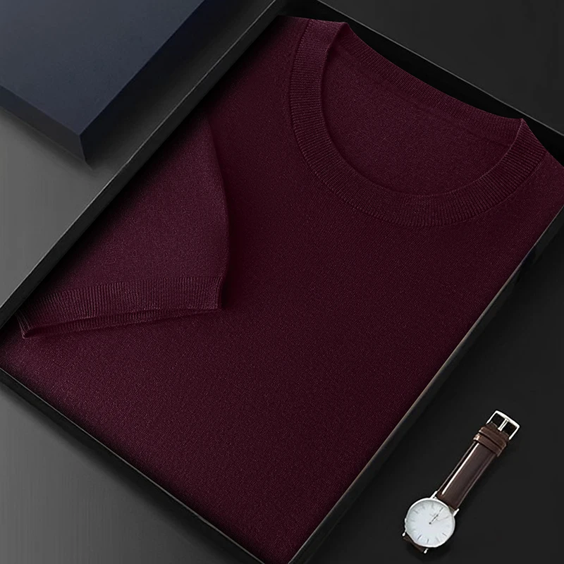 Summer New Men'S Short-Sleeve Knitted Fine Wool And Silk T-Shirt Comfortable And Casual Round-Neck Half-Sleeve Top