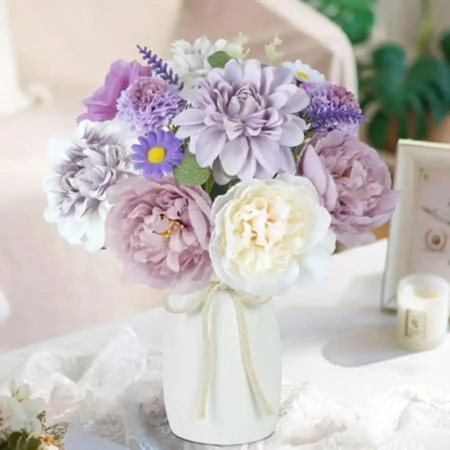 A 18Pcs Purple Fake Flowers With Vase, Silk Purple Artificial Flowers In Vase Dahlia For Coffee Table Decor, 13.7in Faux Flowers Arrangement Suitable For Home Bathroom Kitchen Table Centerpiece