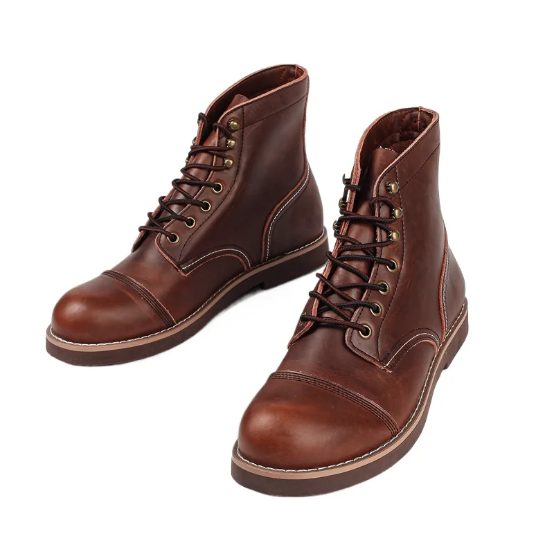 Fashion Men's Genuine Leather Chelsea Boots Retro Tooling Boots Vintage Lace Up Mid-calf Western Combat Boots