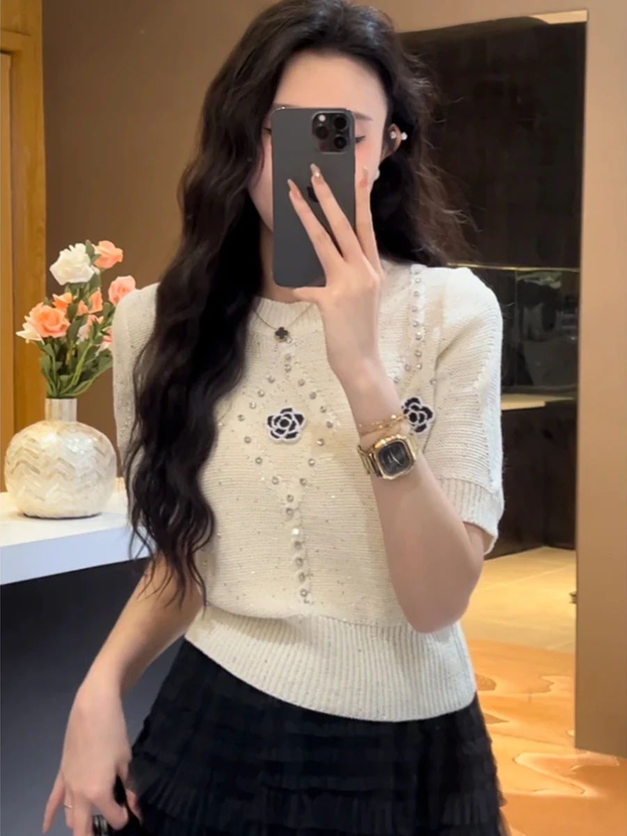 Fashion Floral Beading Short Sleeve Sweater Women 2024 Summer Casual Pullover Crop Tops Elegant Slim Thin Knitted T Shirts