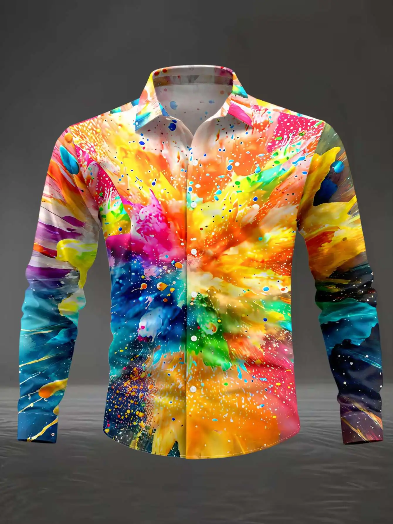 Men Lapel Collar Shirt Bright Multicolor Abstract Splash‑Paint Graffiti‑Style Graphic Polyester Long‑Sleeve Top