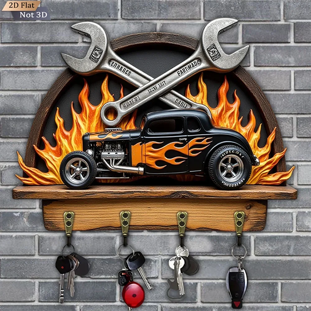 2D Flat, 1pc, Mechanical Flame Car Key Hook, Wooden Multifunctional Home House Key Hook with Four Metal Hooks, Wall Decoration,