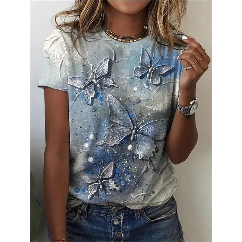 Letnia koszulka 3D Butterfly Peach Blossom Print Kwiatowy wzór Damska koszulka sportowa z krótkim rękawem Street Casual Top T-shirt