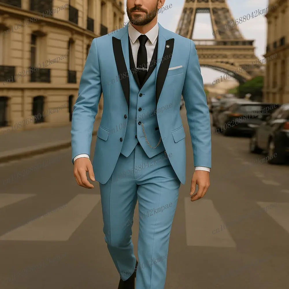 

Черный воротник и небесно-голубой формальный мужской костюм для жениха, жениха, свадебной вечеринки, выпускного вечера, деловые мужские смокинги, комплект из 3 предметов, пиджак, жилет, брюки