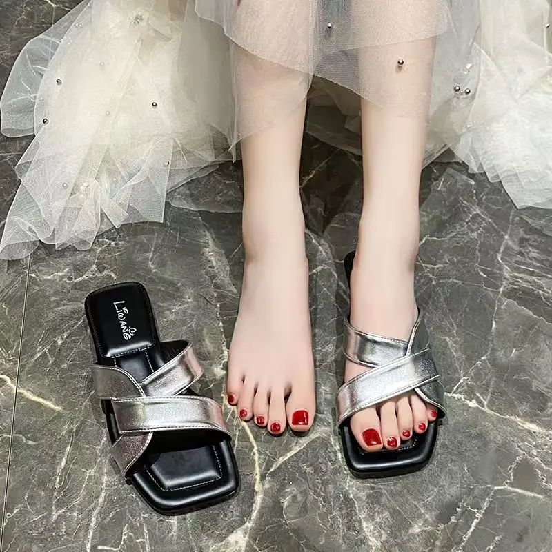 2025 Summer Square-toe Versatile Slip-on Sandals For Women Stylish Unique Bright And Cheerful Perfect For Casual Beach Wear