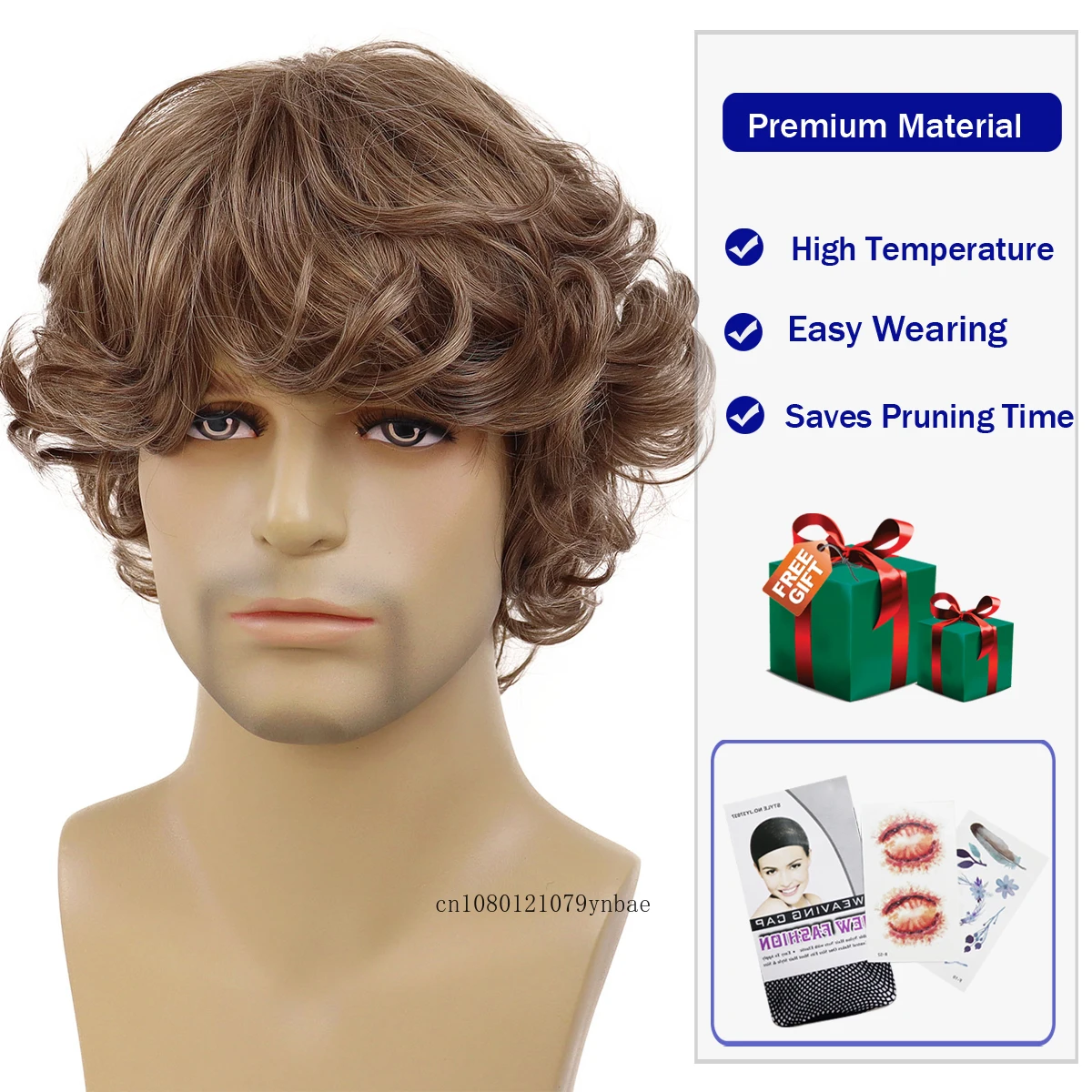 Cosplay Wigs for Men Synthetic Fiber Brown Color Short Curly Wigs Bilbo Baggins Costume Halloween Wigs Carnival Party Copper Wig