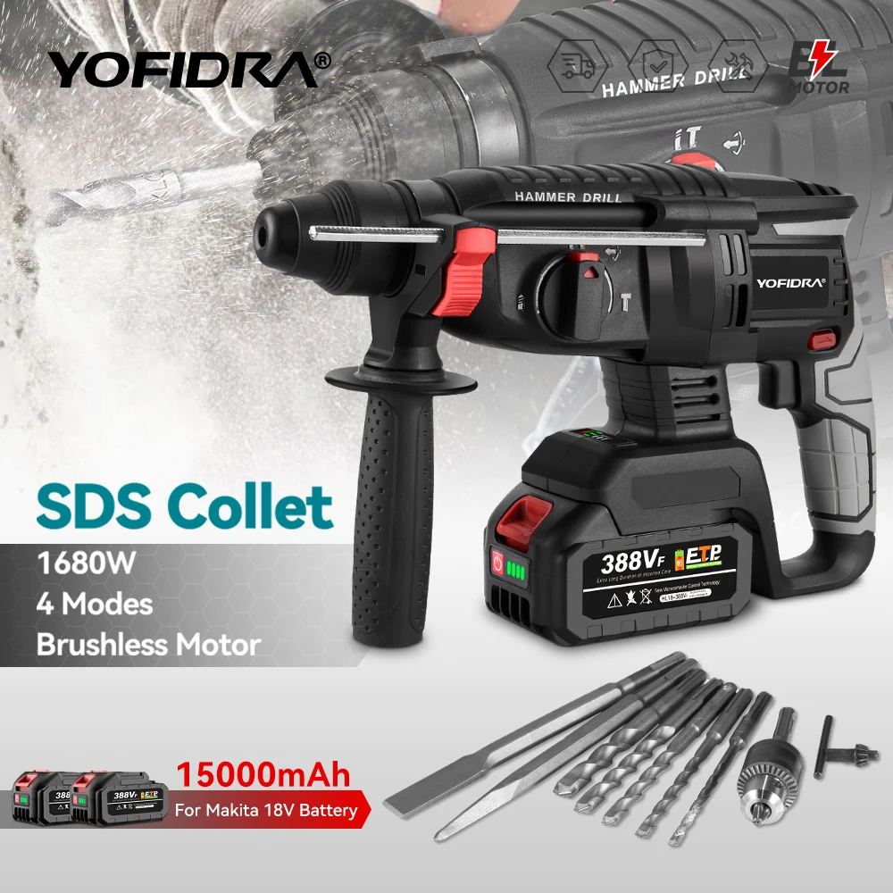 YOFIDRA 26MM Brushless Electric Hammer Drilling Impact Drill Multi-function Cordless Rotary Power Tool For Makita 18V Battery