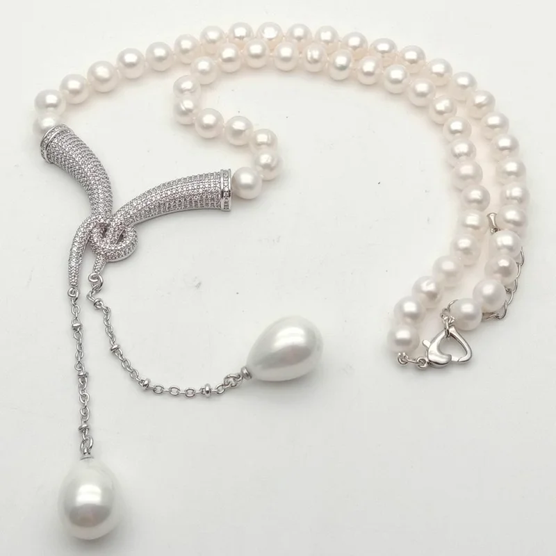 Cultured White Pearl Necklace White Sea Shell Pearl cz pave Pendant 20