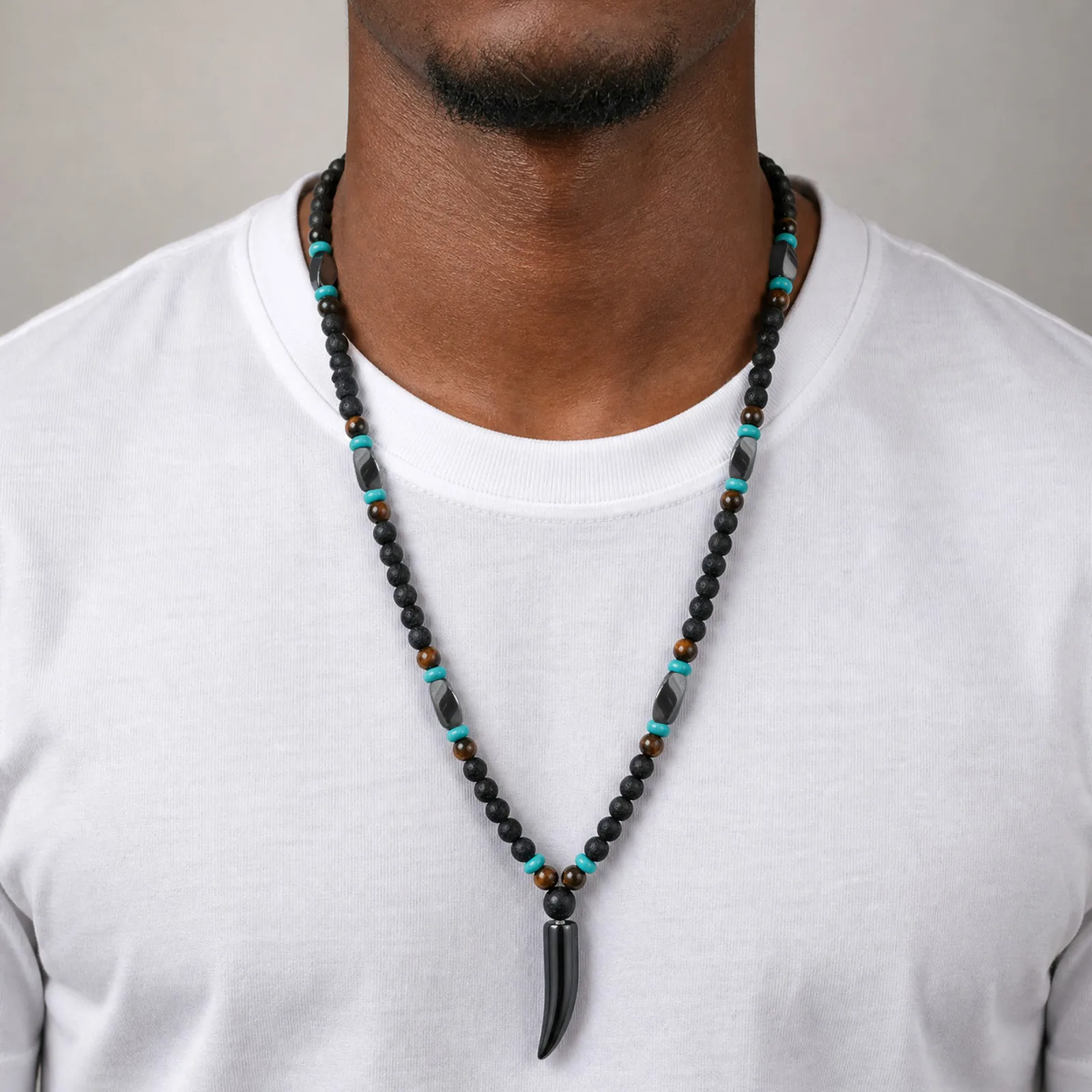Vnox Men Lava Stone Beaded Necklace, Hematite Wolf Tooth Pendant, Tiger Eye Turquoise Bead Tribal Male Daily Jewelry Gift